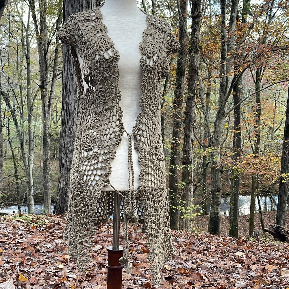 Brown Open Knit Longline Open Front Vest Small